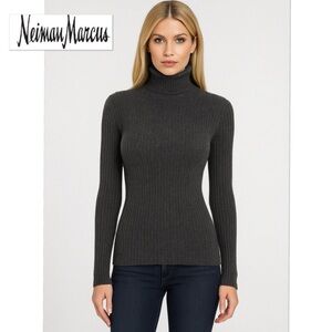 Neiman Marcus 100% Cashmere Ribbed Fitted Turtleneck Sweater Gray Size S